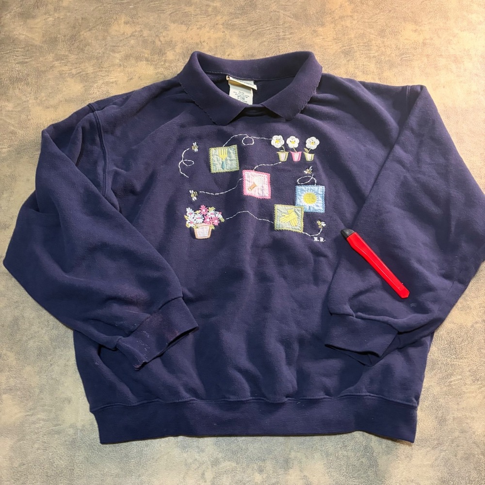Northern Reflections Sweatshirt Womens Medium Navy Blue Garden Embroidery VTG